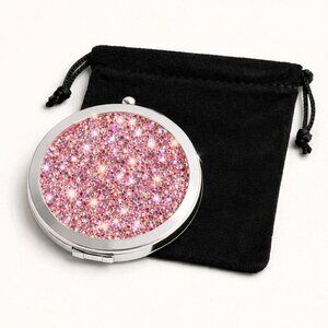 Pink Glitter Silver Compact Mirror w/ Pouch – Push Button Dual Mirrors NIP